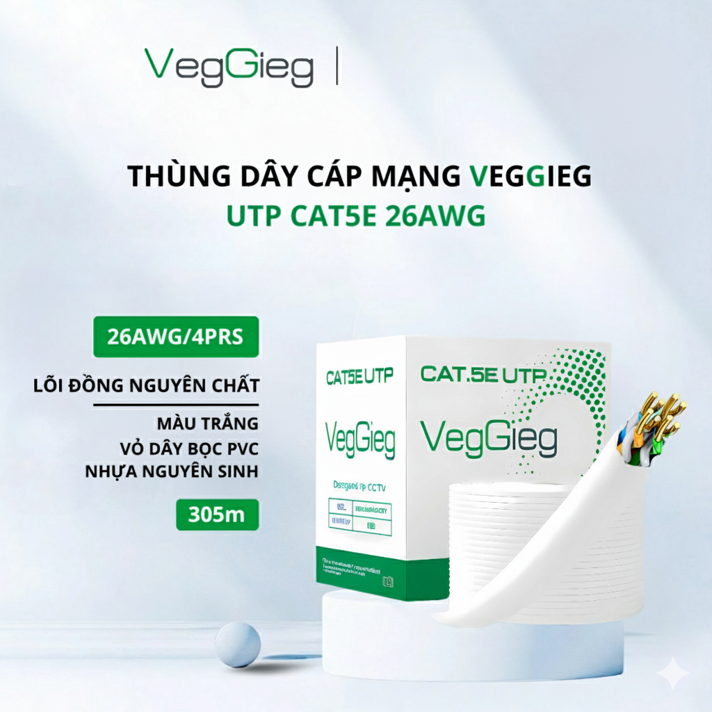 Dây cáp mạng VegGieg UTP Cat5 24AWG Màu Xanh/Trắng (Lõi Đồng 305m)